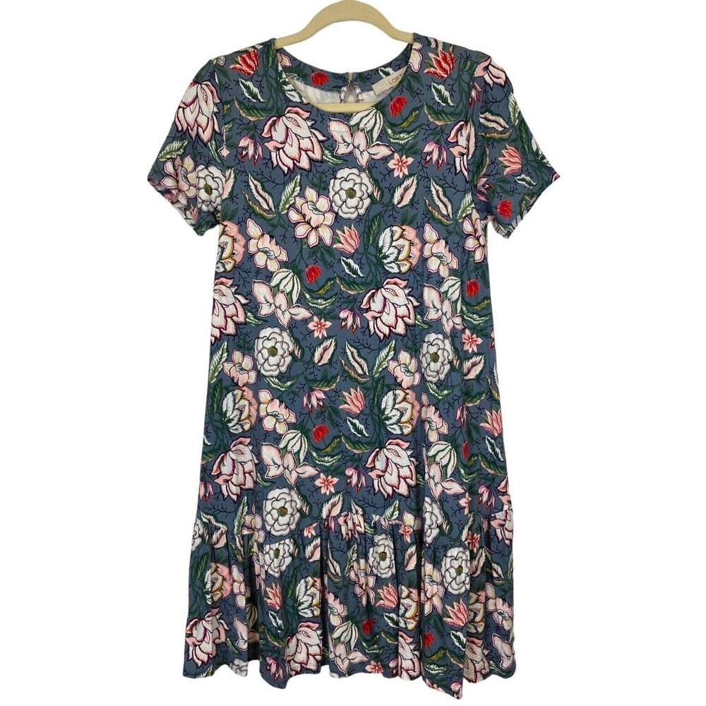 Loft Blue Floral Flounce Swing Dress Women Sz S Jersey Knit Ruffle Hem Stretch